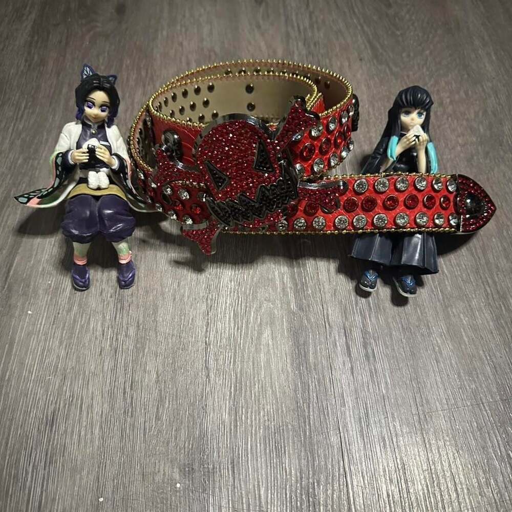 Foolnforever Red Skull Rhinestone Belt - Edgy Statement Piece - Size S